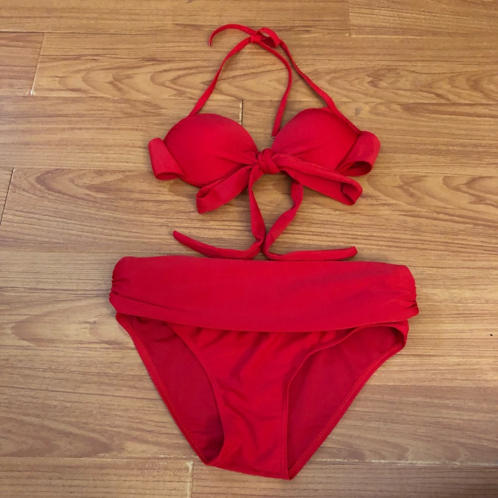 H&M Red Tie Front Bandeau Halter Bikini 6